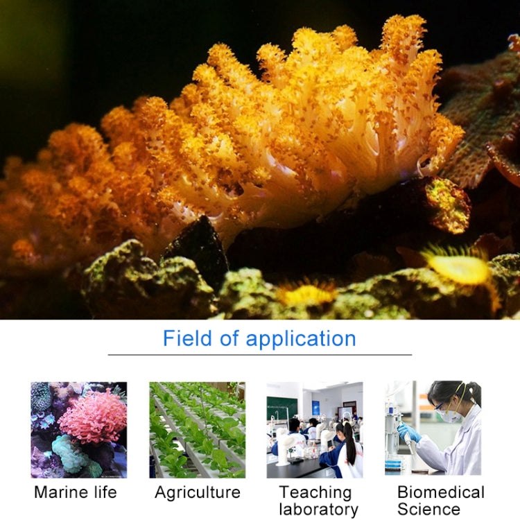 Aquarium coral reef scene with marine, agriculture, and lab application thumbnails