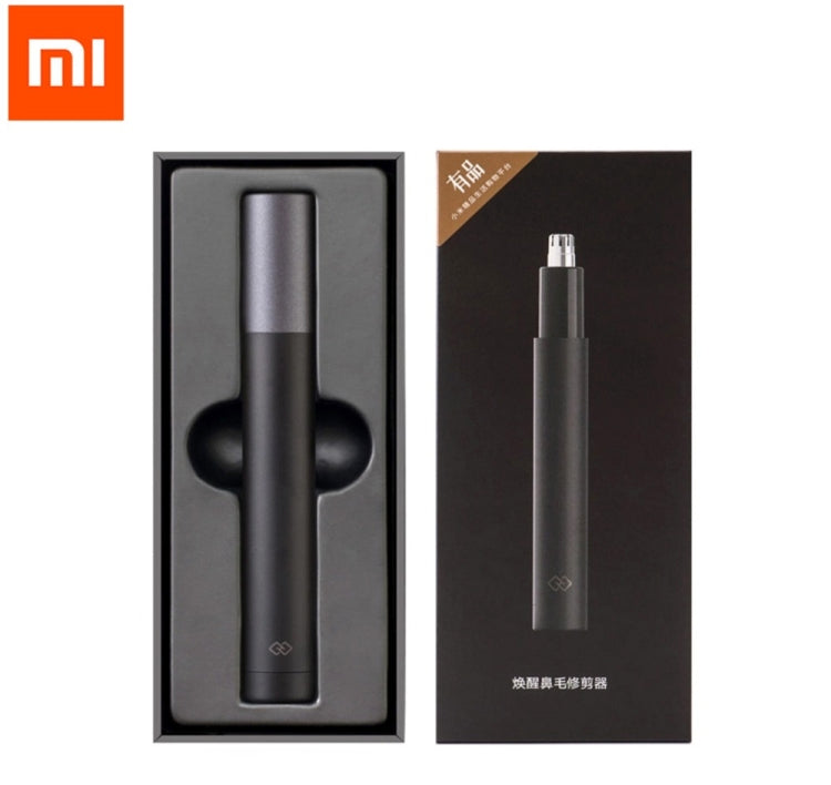 Nose hair trimmer set in box with black device and spare blade cover