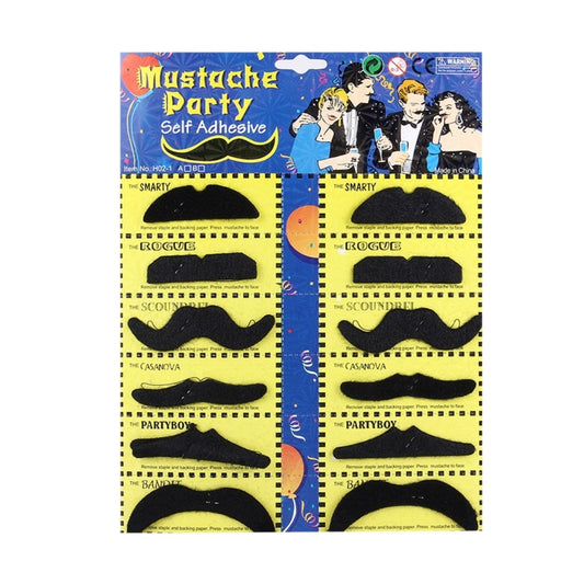 Self-adhesive black fake mustache sheet with multiple styles on display card