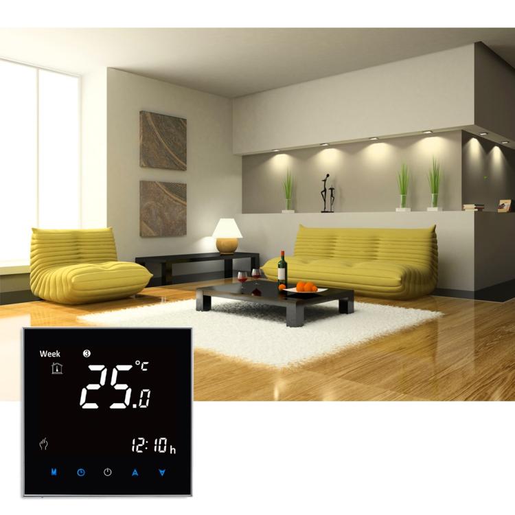 Black wall thermostat with inset LCD showing 29.0°C and 12:10h timer