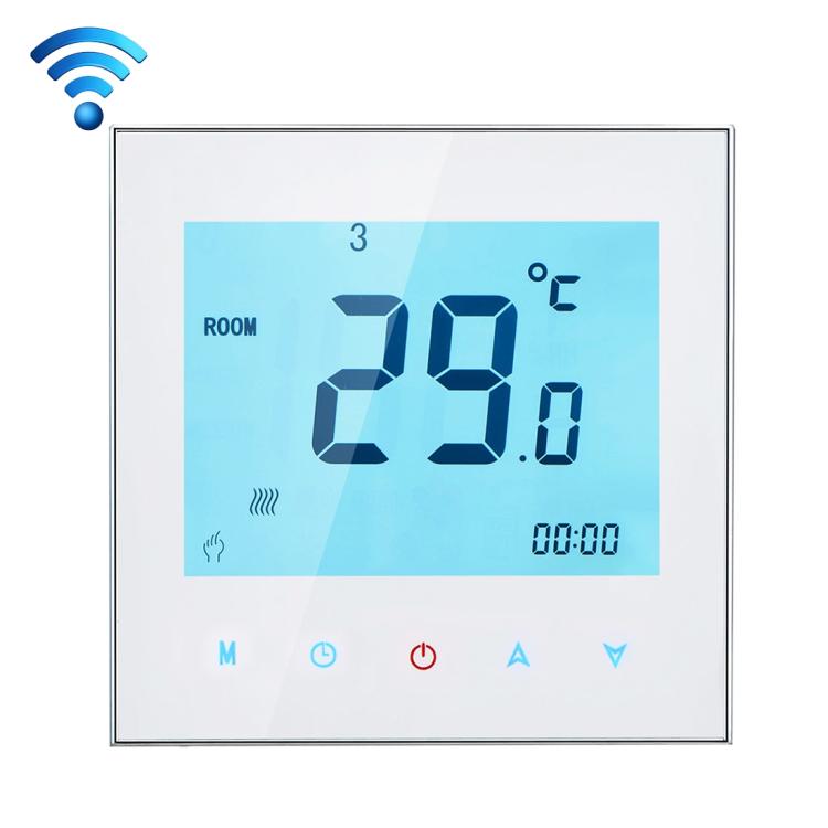 White touch LCD WiFi room thermostat with blue display showing 29.0°C and 08:00 time.