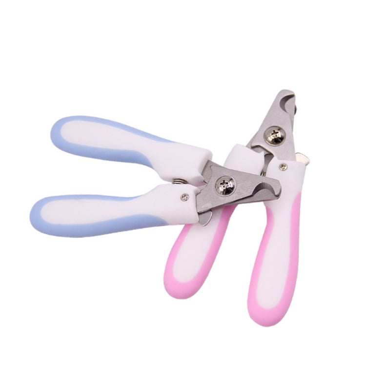 Pink and white pet nail clippers with curved finger grips and metal cutter head