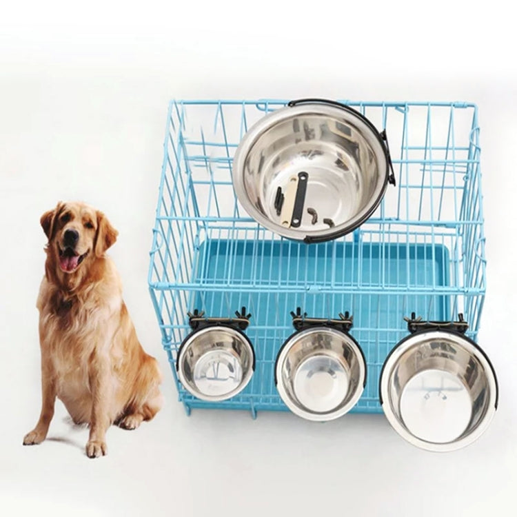 Stainless steel hanging dog feeding bowl (size S) with three matching bowls on rack