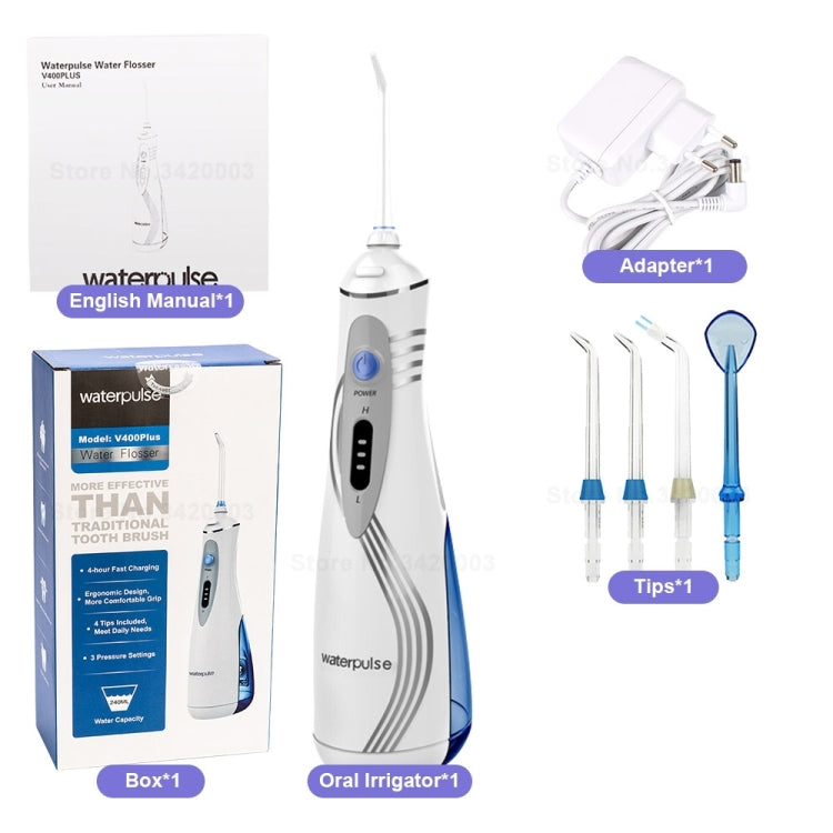 Oral irrigator kit with adapter, nozzle tips, and boxed model with manual
