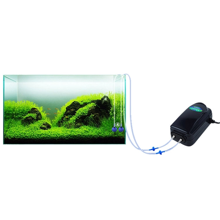 SOBO double-outlet aquarium air pump, black body with connected air tubing