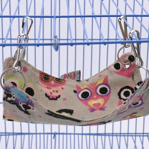 Pet canvas hammock bed with colorful cartoon pattern, fabric sling with metal hanging hooks