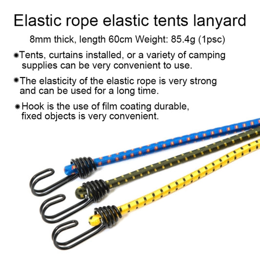 Elastic rope tie with metal hooks, blue-accented yellow braided line, coiled section