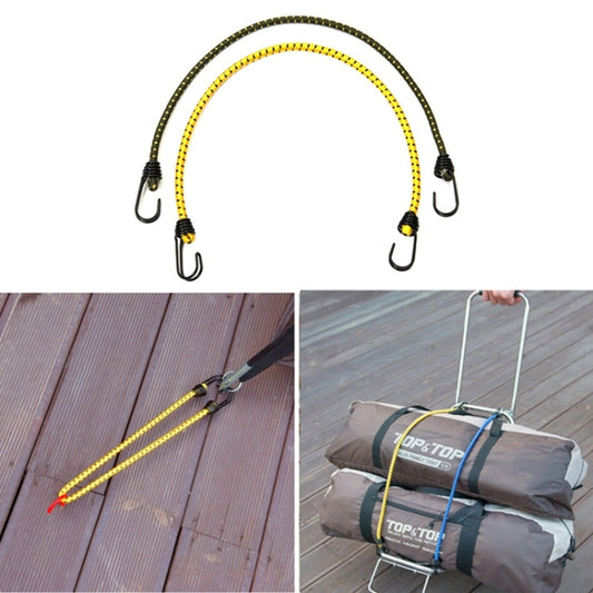 Elastic camping rope with hooks, yellow-and-black braided line, looped ends