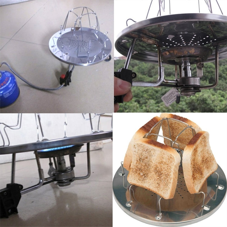 Outdoor toaster rack on a grill with bread slices ready for toasting