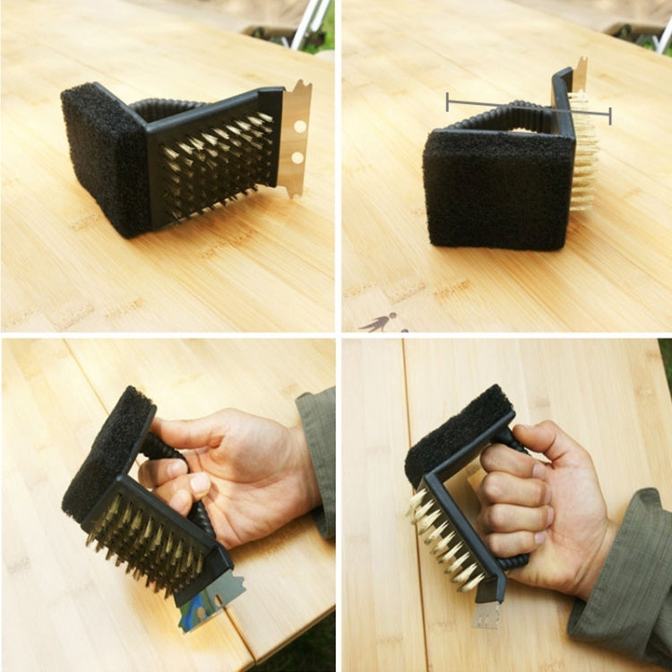 BBQ grill brush held in hand with copper wire bristles and black foam pad