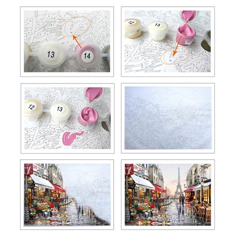 Paint-by-numbers canvas with step previews of different completed scenes and a blank area.