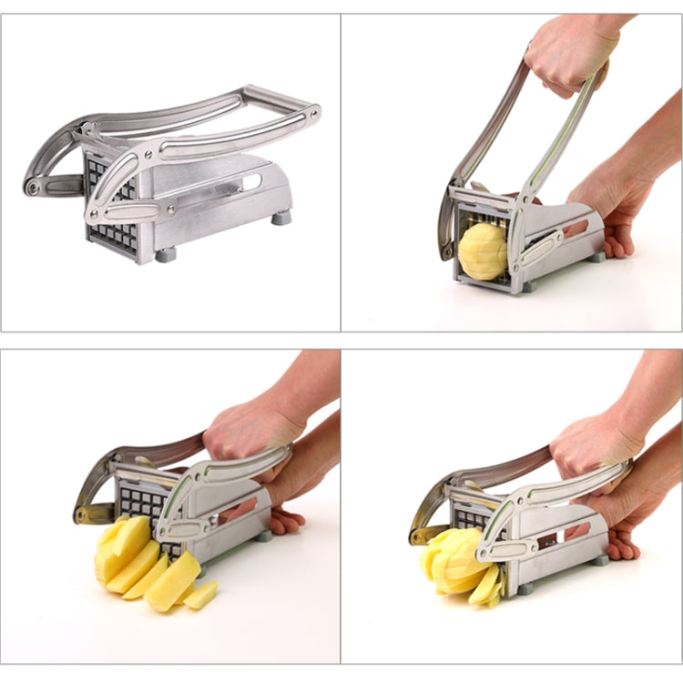 Hands using stainless steel potato cutter to slice potatoes into chips