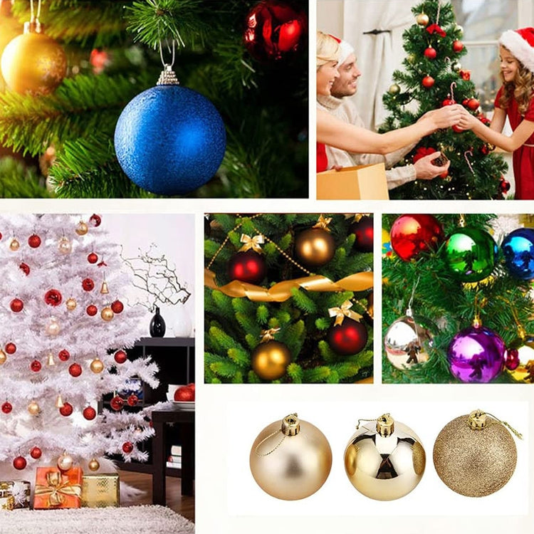 Assorted plastic Christmas ornament balls with hooks, including blue and gold tones.