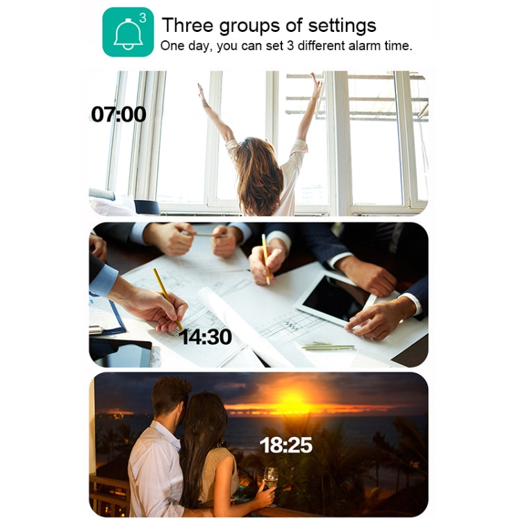 Large screen LED digital alarm clock display showing 07:00, 14:30, and 18:25