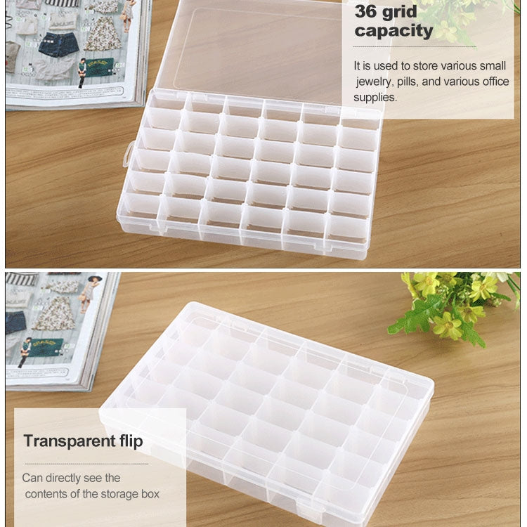 Clear plastic jewelry organizer with transparent flip lid and 36-slot grid