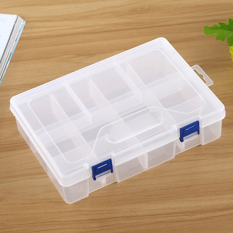 Double-layer plastic jewelry box organizer with 8 adjustable slots, white with blue latches