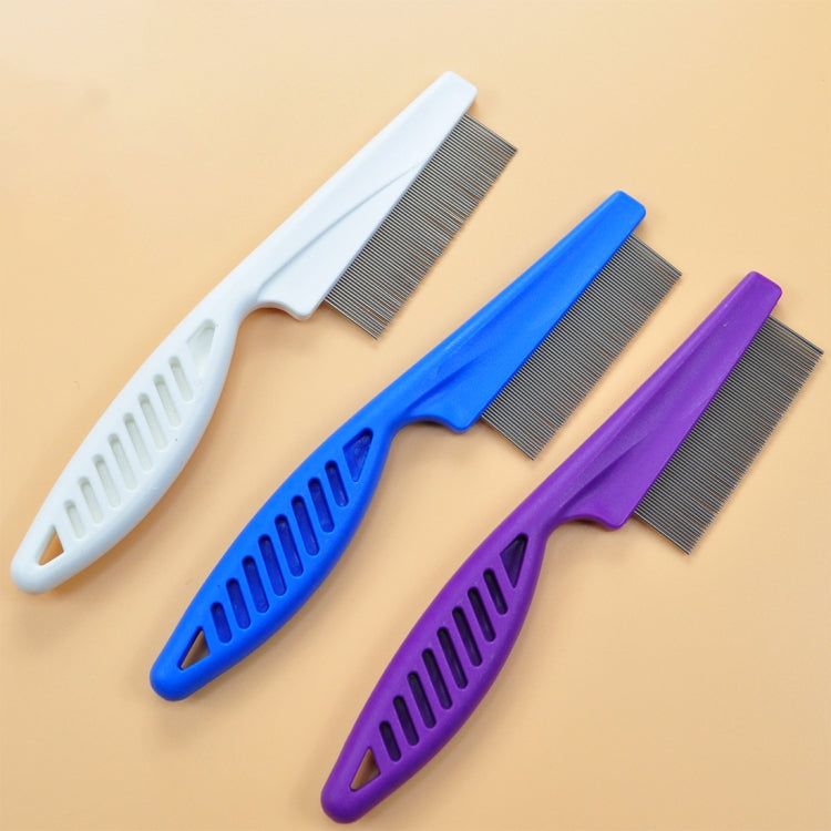 Set of fine-toothed stainless steel pet flea combs in white, blue, and purple
