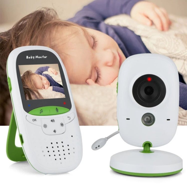 Baby monitor with LCD screen and matching wireless camera on green-base stand