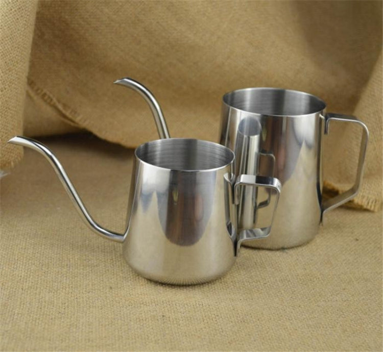 Two stainless steel hand drip coffee pots with long narrow spouts and handles