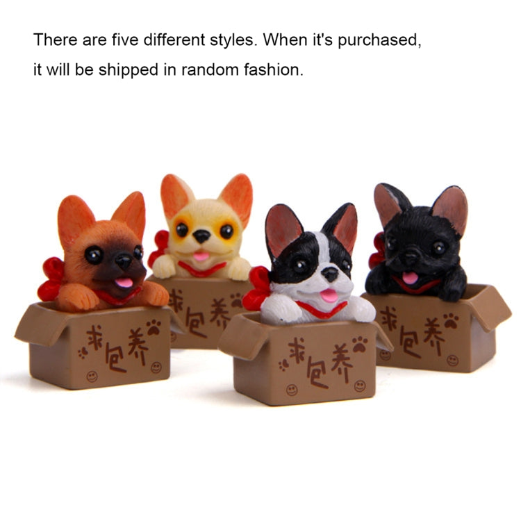 Bulldog doll ornament set in brown boxes, four pictured with red collars