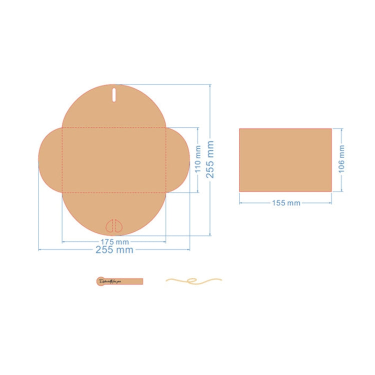 Kraft greeting card template diagram with size measurements and hanging string