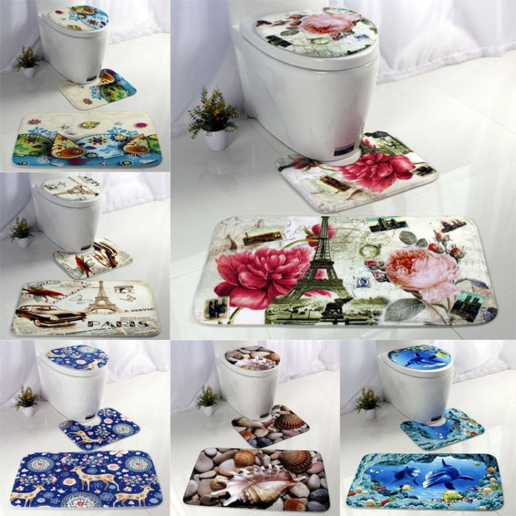 Printed toilet mat set designs collage, featuring blue ocean and pink floral motifs
