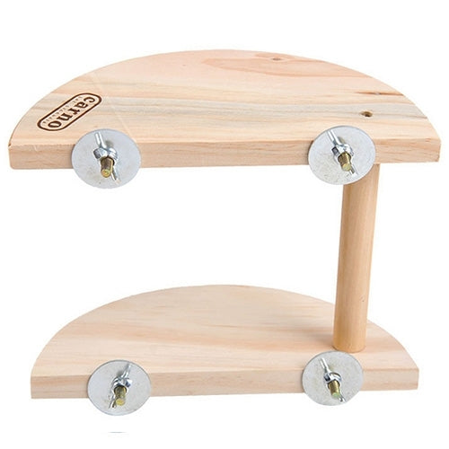 Two-tier wooden hamster footplate springboard with metal fasteners on the platforms