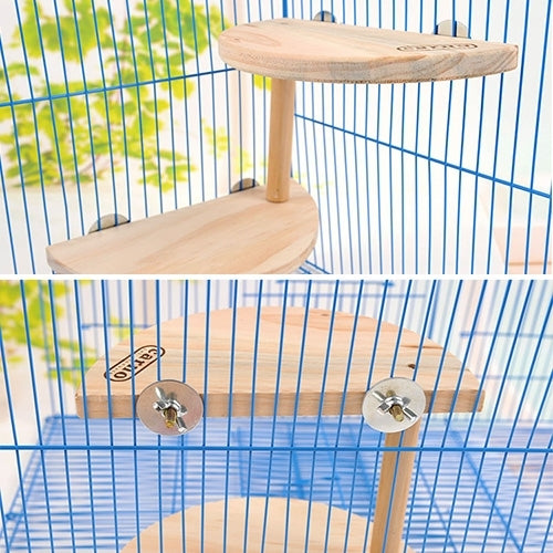 Two-tier wooden hamster footplate springboard showing top and interior views with metal fasteners