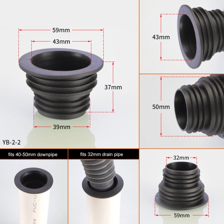 Flexible ribbed silicone sewer joint sealing plug, black, shows size dimensions