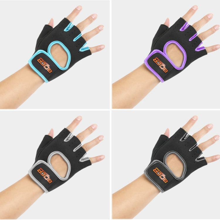 Unisex half-finger gloves shown with blue, purple, gray, and dark gray trim options