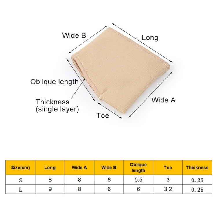 Beige toe thumb protector sleeve flat layout with size S measurements