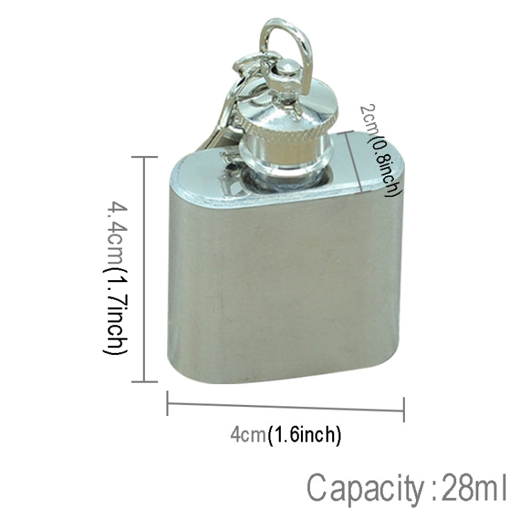 Stainless steel mini hip flask with keychain, 28 ml capacity and size markings