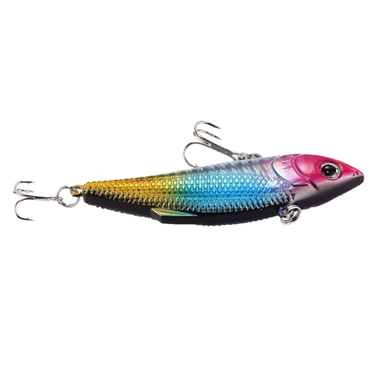 Artificial fishing lure, pink head, metallic blue-green and gold body with treble hooks