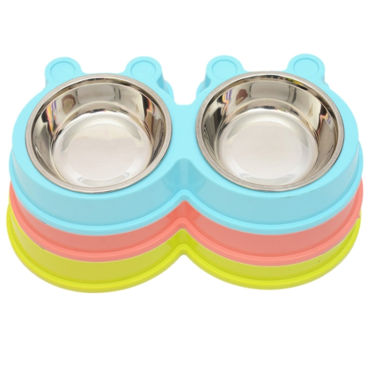 Blue and yellow 2-in-1 cartoon double pet bowl with two stainless steel inner bowls.