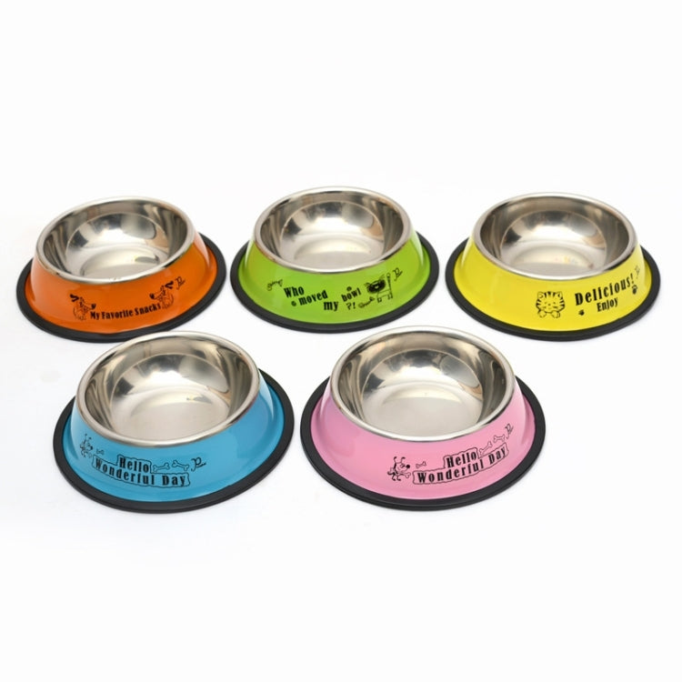 Set of stainless steel pet bowls with colorful bases in green, yellow, blue, pink, orange