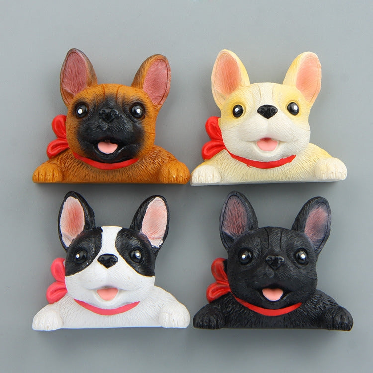 Set of 3D French bulldog fridge decorations with red collars in four colors