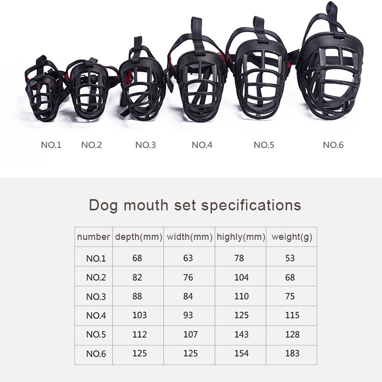 Set of black dog basket muzzles shown in numbered sizes No.1 to No.6