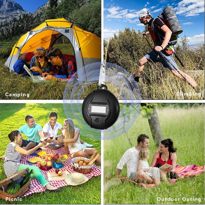 Black mosquito repellent device with display and speaker grille in outdoor setting
