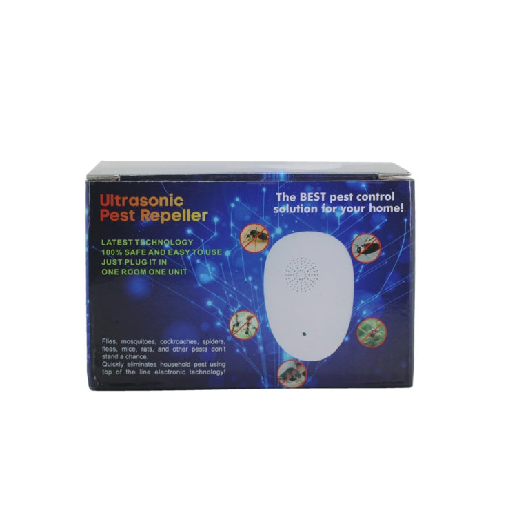 Ultrasonic pest repeller AU plug retail box with device graphic and pest icons