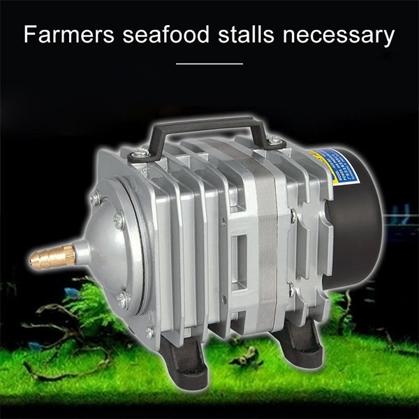 Electromagnetic air pump compressor with silver cooling fins and black feet, blue label