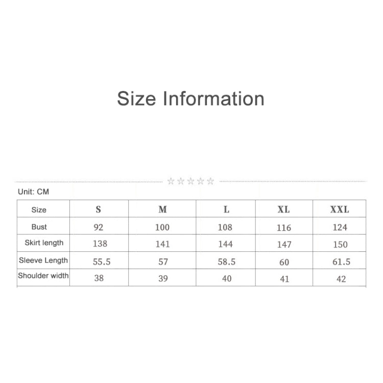 Size information table showing S–XL measurements for bust and skirt length