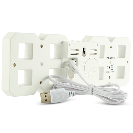 LED wall alarm clock module with USB cable and port controls, white housing