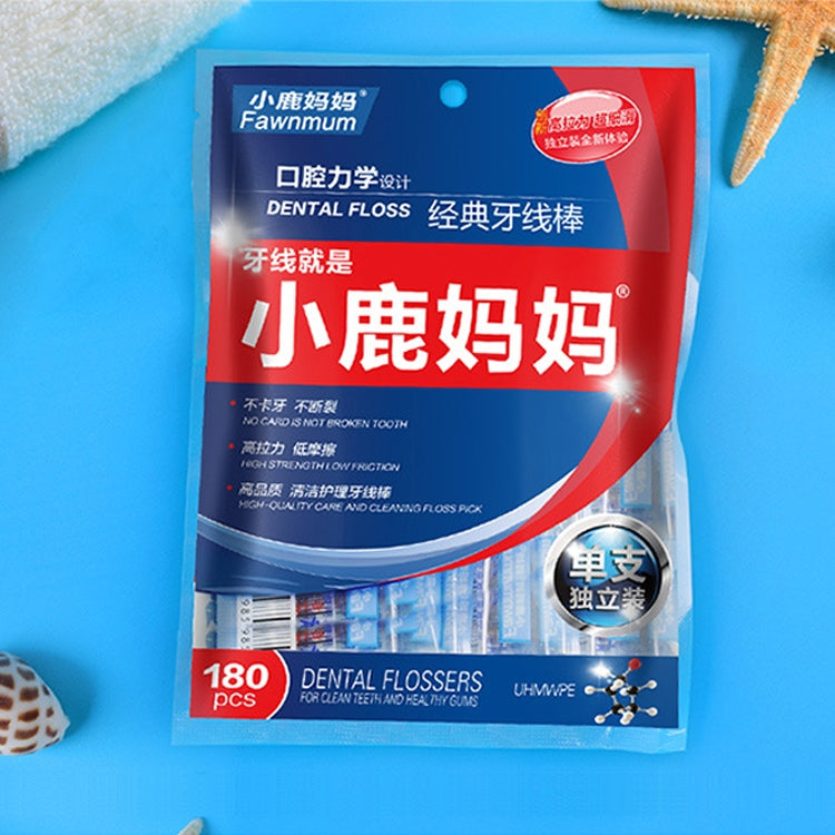 Close-up of blue and red dental floss pack with 180 flossers
