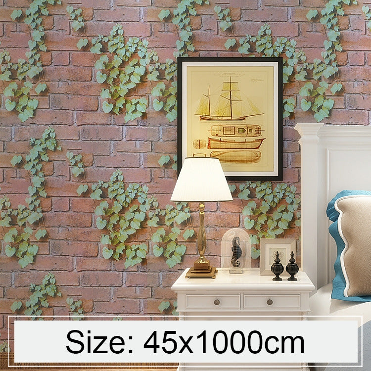 Ivy brick-pattern wallpaper mural on wall, teal leaves over red-brown brick texture