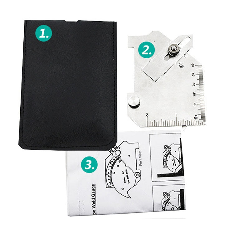 Welding inspection gauge set with black carrying case, cam gauge, and folded instruction sheet