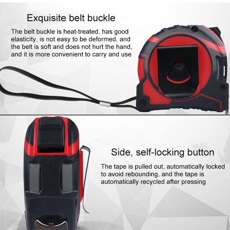 Retractable tape measure with belt lanyard, side self-locking button, black/red housing