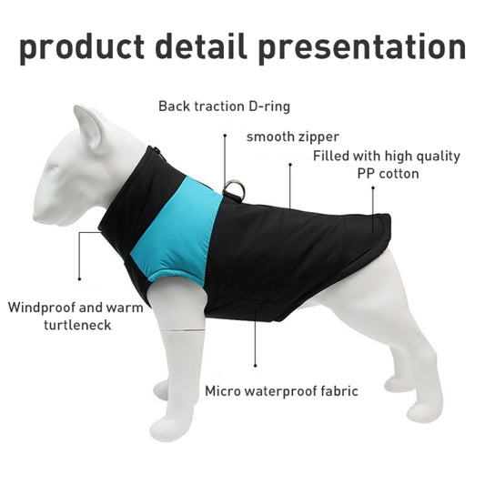 Black and blue quilted dog ski vest with front zipper and sleeveless design
