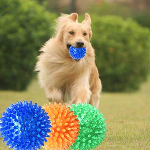 Hedgehog-style dog toy ball set: blue, orange, and green spiky surfaces