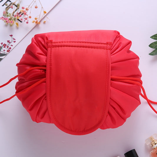 Red ruffled drawstring cosmetic storage pouch with stitched front panel and side ties