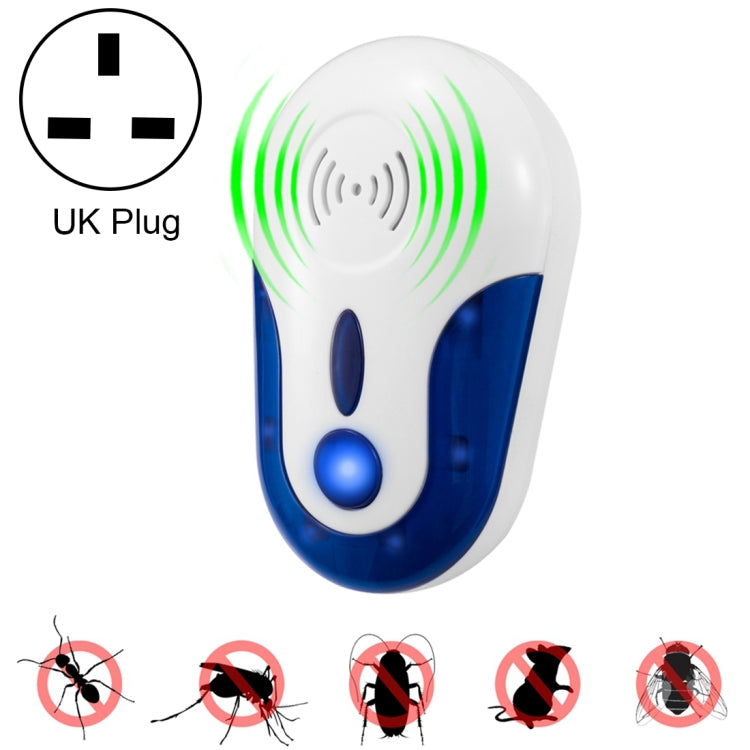 Ultrasonic pest repeller with UK plug, white and blue body, sound horn and indicator
